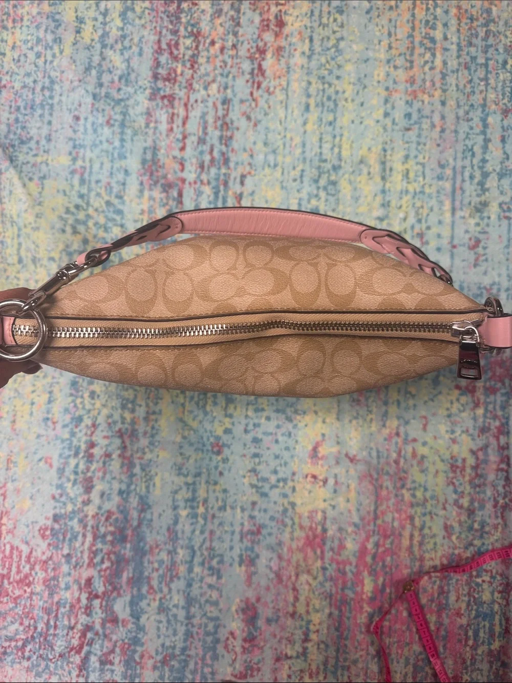 Coach Beige Signature Hobo with Pink Braided Strap